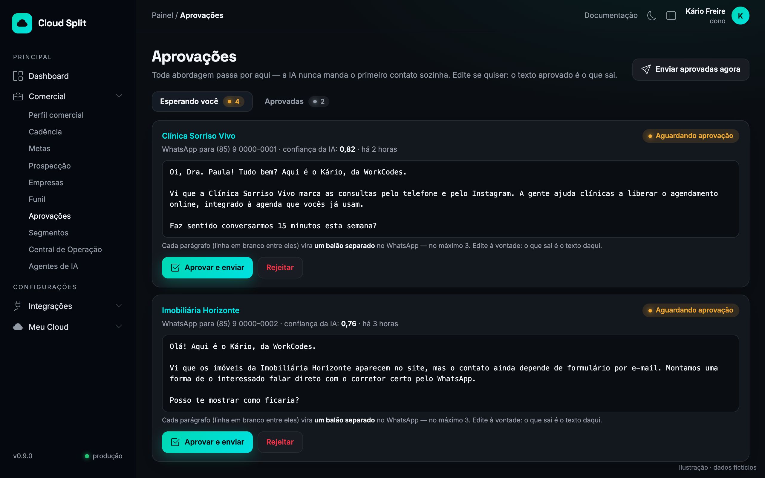 Tela "Aprovações" do Cloud Split (ilustração com dados fictícios)