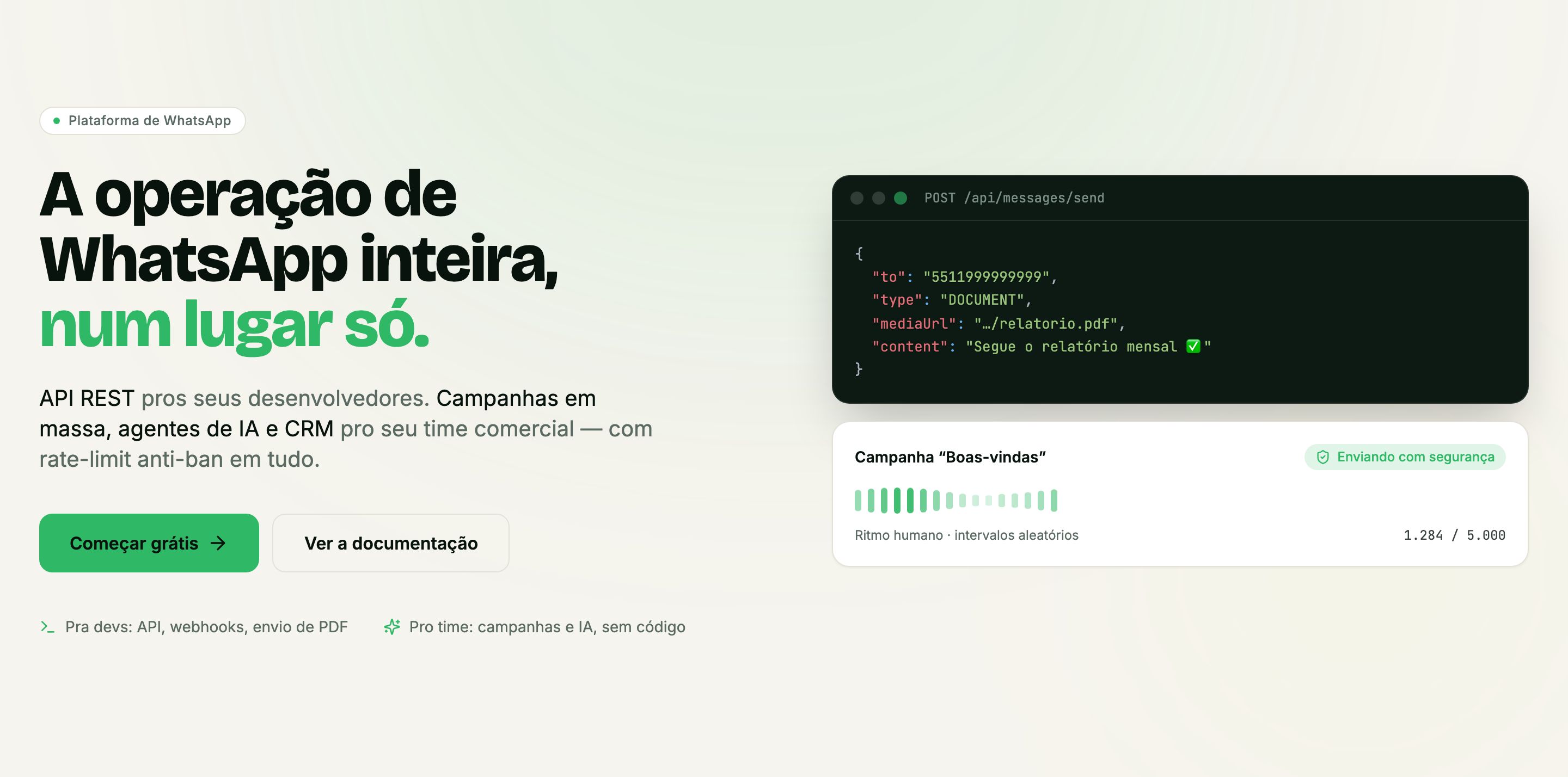 Página do SendZap: 'A operação de WhatsApp inteira, num lugar só', com exemplo de envio pela API e uma campanha enviando com segurança